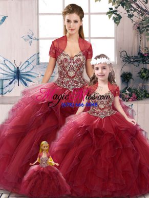 Floor Length Lace Up Ball Gown Prom Dress Burgundy for Military Ball and Sweet 16 and Quinceanera with Beading and Ruffles
