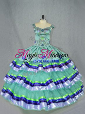 Fitting Apple Green Straps Lace Up Embroidery and Ruffled Layers Sweet 16 Quinceanera Dress Sleeveless