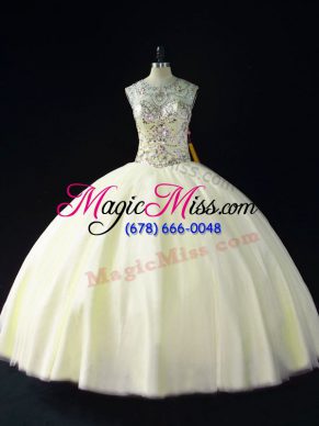 Light Yellow Tulle Lace Up Scoop Sleeveless Floor Length 15 Quinceanera Dress Beading