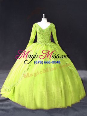 Yellow Green V-neck Lace Up Lace and Appliques Quinceanera Gowns Long Sleeves
