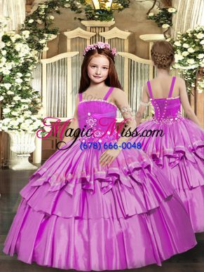 Beauteous Floor Length Lilac Kids Pageant Dress Taffeta Sleeveless Beading and Ruffled Layers