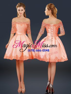 Satin Off The Shoulder Half Sleeves Lace Up Lace and Appliques Prom Dresses in Peach