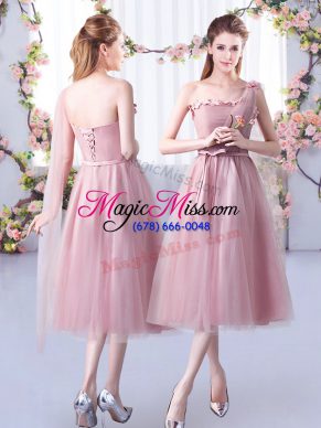 Pink Sleeveless Tulle Lace Up Bridesmaid Dresses for Wedding Party