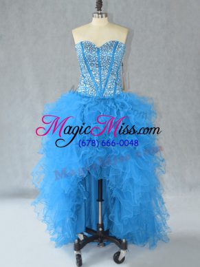 Aqua Blue A-line Organza Sweetheart Sleeveless Beading and Ruffles High Low Lace Up Dress for Prom