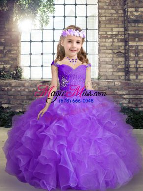 Stunning Purple Straps Neckline Beading Little Girl Pageant Gowns Sleeveless Lace Up