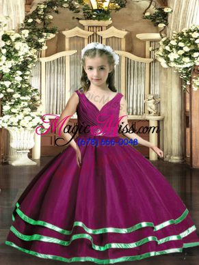 Purple Ball Gowns V-neck Sleeveless Organza Floor Length Backless Beading and Ruching Pageant Dress Toddler