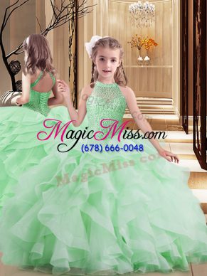 Tulle Lace Up Scoop Sleeveless Floor Length Little Girl Pageant Dress Beading and Ruffles