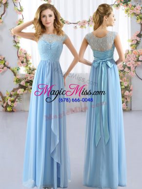 Top Selling Light Blue Scoop Side Zipper Lace and Belt Wedding Guest Dresses Cap Sleeves