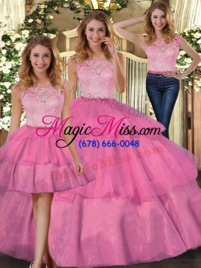 Hot Pink Sleeveless Lace Floor Length Sweet 16 Dresses