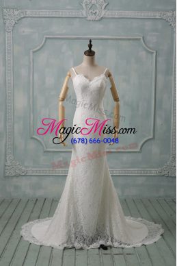 Adorable White Lace Backless Wedding Gown Sleeveless Brush Train Lace