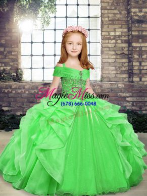 Cheap Ball Gowns Organza Straps Sleeveless Beading and Ruffles Floor Length Lace Up Little Girl Pageant Dress