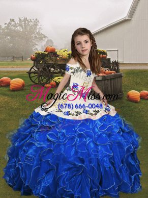Sleeveless Floor Length Embroidery and Ruffles Lace Up Little Girls Pageant Dress Wholesale with Royal Blue