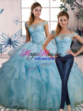 Two Pieces Sweet 16 Quinceanera Dress Light Blue Off The Shoulder Organza Sleeveless Floor Length Lace Up