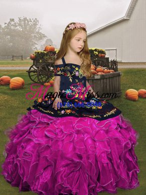 Sweet Floor Length Lace Up Little Girl Pageant Dress Fuchsia for Party and Wedding Party with Embroidery and Ruffles