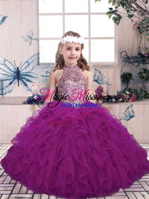 Wonderful Purple Ball Gowns Tulle Halter Top Sleeveless Beading and Ruffles Floor Length Lace Up Kids Pageant Dress