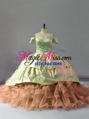 High End Multi-color Lace Up Quinceanera Dress Embroidery and Ruffles Sleeveless Chapel Train