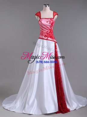 White And Red A-line Satin Strapless Cap Sleeves Lace and Appliques Lace Up Prom Party Dress Court Train