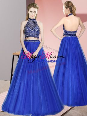 Beading Prom Dress Royal Blue Backless Sleeveless Floor Length