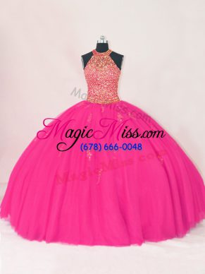 Ball Gowns Quinceanera Gown Hot Pink Halter Top Tulle Sleeveless Floor Length Lace Up