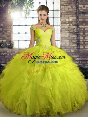 Exquisite Yellow Green Off The Shoulder Lace Up Beading and Ruffles Sweet 16 Quinceanera Dress Sleeveless
