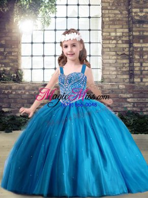 Beading Girls Pageant Dresses Blue Lace Up Sleeveless Floor Length