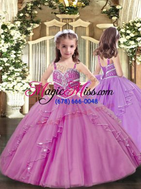 Beautiful Floor Length Lilac Kids Formal Wear Tulle Sleeveless Beading and Ruffles