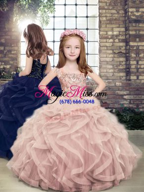 Ball Gowns Little Girls Pageant Dress Pink Straps Tulle Sleeveless Floor Length Lace Up