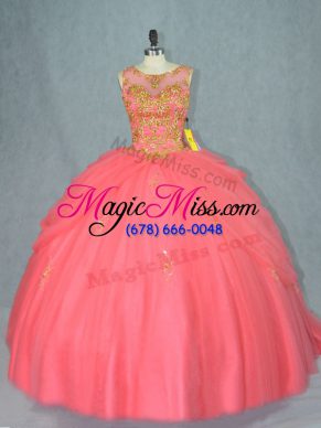 Watermelon Red Ball Gowns Tulle Scoop Sleeveless Beading Lace Up 15 Quinceanera Dress Brush Train