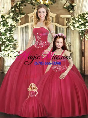Most Popular Red Strapless Lace Up Beading Quince Ball Gowns Sleeveless
