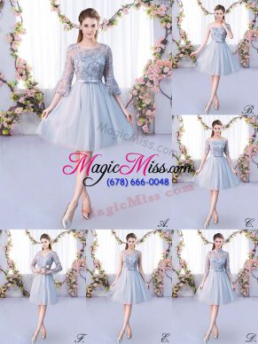 Grey Empire Tulle Scoop 3 4 Length Sleeve Lace and Belt Knee Length Lace Up Court Dresses for Sweet 16