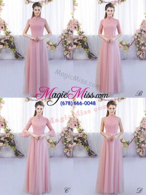 Stunning Pink Empire High-neck Cap Sleeves Tulle Floor Length Zipper Lace Bridesmaid Dresses