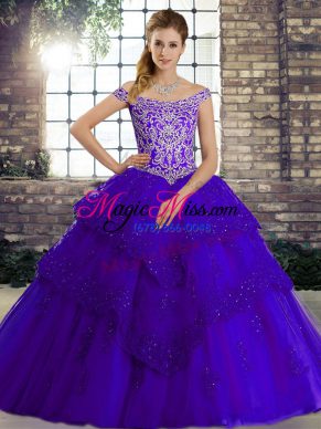 Deluxe Purple Off The Shoulder Lace Up Beading and Lace 15th Birthday Dress Brush Train Sleeveless