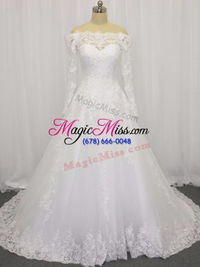 Pretty White Clasp Handle Off The Shoulder Beading and Lace Wedding Gowns Tulle Long Sleeves Brush Train