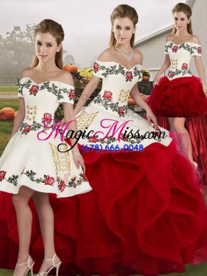 On Sale Floor Length White And Red Sweet 16 Quinceanera Dress Off The Shoulder Sleeveless Lace Up