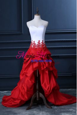 Spectacular White And Red Sleeveless Lace and Appliques and Pick Ups High Low Pageant Dresses