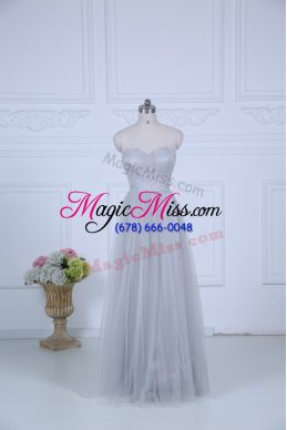 Sleeveless Tulle Floor Length Zipper Wedding Guest Dresses in Grey with Ruching
