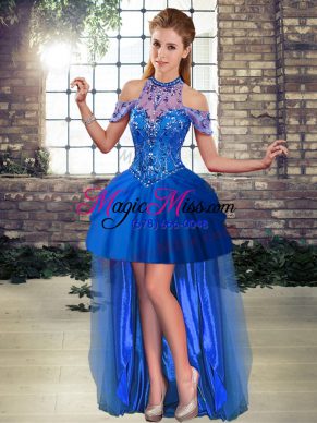 Fashionable Royal Blue Halter Top Lace Up Beading Homecoming Dress Sleeveless