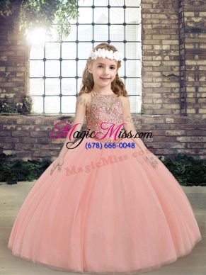 Tulle Scoop Sleeveless Lace Up Beading Child Pageant Dress in Peach