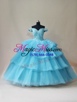 Aqua Blue Lace Up Off The Shoulder Beading and Ruffled Layers Sweet 16 Dresses Organza and Tulle Sleeveless