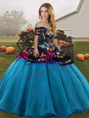 Blue And Black Ball Gowns Embroidery Sweet 16 Quinceanera Dress Lace Up Tulle Sleeveless Floor Length