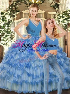 Blue Ball Gowns V-neck Sleeveless Organza Floor Length Backless Ruffles Vestidos de Quinceanera