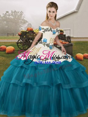 Trendy Teal Lace Up 15 Quinceanera Dress Embroidery and Ruffled Layers Sleeveless Brush Train