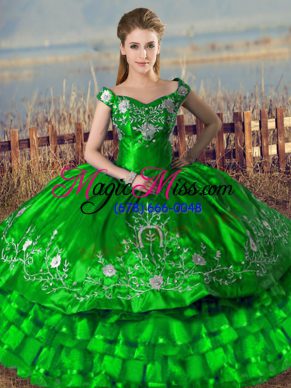 Green Satin Lace Up 15th Birthday Dress Sleeveless Floor Length Embroidery and Ruffled Layers