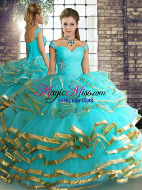 Aqua Blue Tulle Lace Up Off The Shoulder Sleeveless Floor Length 15th Birthday Dress Beading and Ruffled Layers
