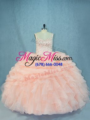 Decent Peach Sweet 16 Dress Sweet 16 and Quinceanera with Beading Straps Sleeveless Lace Up