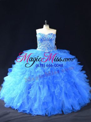 Enchanting Blue Ball Gowns Organza Sweetheart Sleeveless Beading and Ruffles Floor Length Lace Up Sweet 16 Dresses