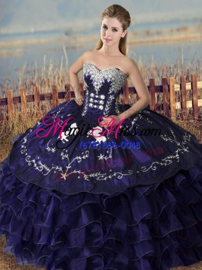 Amazing Floor Length Lace Up Quinceanera Gowns Purple for Sweet 16 and Quinceanera with Embroidery and Ruffles