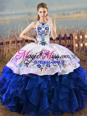 Blue And White Halter Top Lace Up Embroidery and Ruffles Sweet 16 Dresses Sleeveless