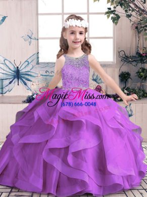 Inexpensive Floor Length Purple Kids Formal Wear Tulle Sleeveless Beading and Ruffles