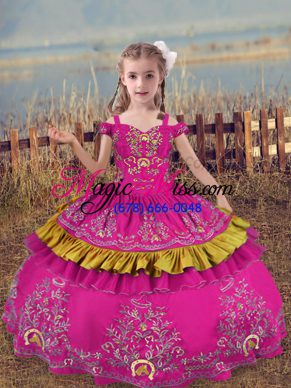 Cute Fuchsia Sleeveless Beading and Embroidery Floor Length Little Girl Pageant Dress